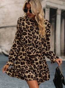 SHEIN LUNE Women's Spring & Summer Leopard Print Frill Collar Tie-Front Short Wrap Dress - Multicolor - View 4