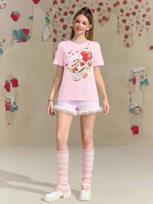 Strawberry Shortcake X SHEIN Summer, Strawberry Girl Pattern, Love Pattern, Pink Casual Round Neck Fitted T-Shirt - Baby Pink - View 7