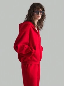 Ontre Oversized Hoodie With Zipper, Long Sleeve, Red Fall Women Clothes,Cotton - Red - View 5