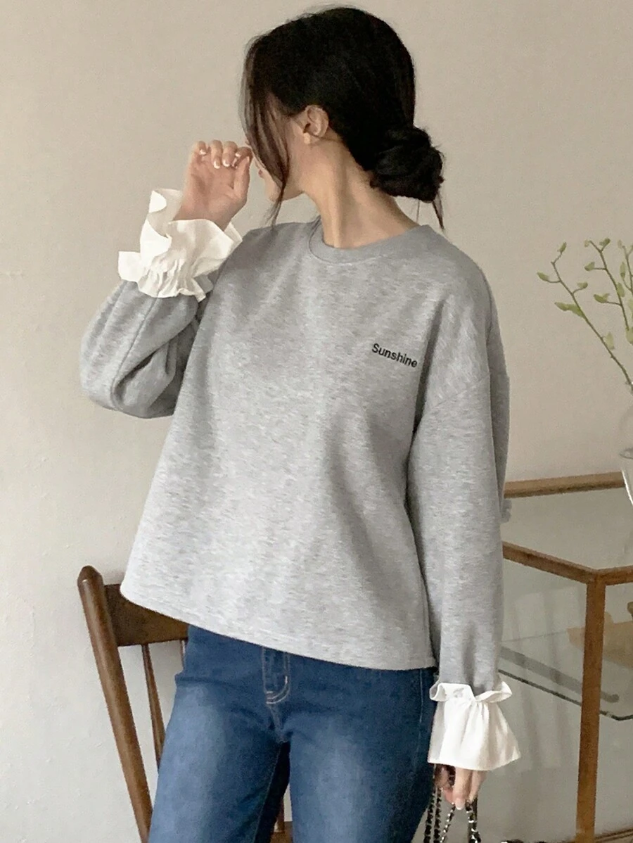 DAZY 女式刺绣字母拼布卫衣，秋装 - 灰色 - 查看 1