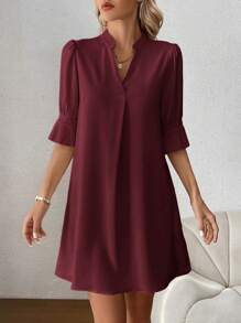 SHEIN Clasi 女士纯色 V 领优雅连衣裙 - 中紫紅色 - 查看 5