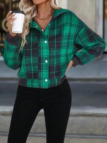 SHEIN LUNE 女士格子印花长袖夹克 - 綠色 - 查看 3
