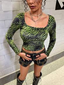 Livia Canto Studio 艺术家 Y2K、街头服饰、休闲、动物印花、斑马印花长袖修身女士衬衫、节日、感恩节 - 彩色 - 查看 1