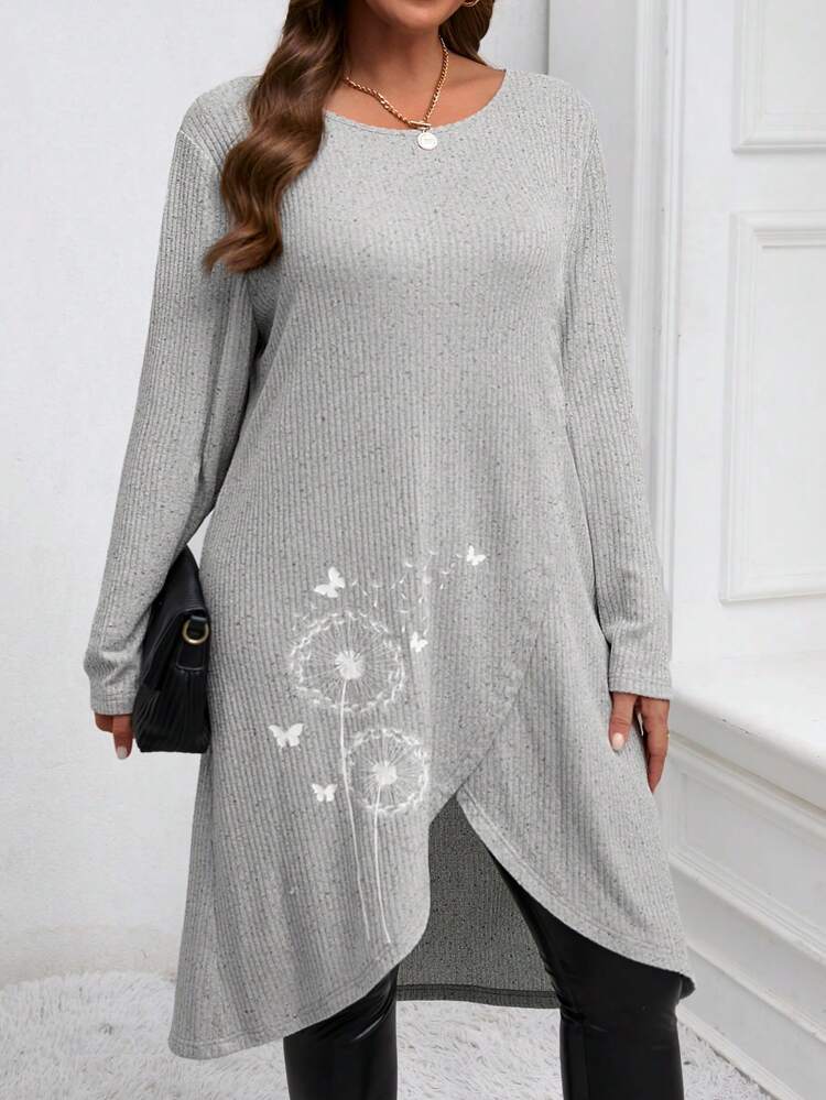 Plus Size Women's  Butterfly & Dandelion Printed Crew Neck Long Sleeve Wraparound Hem Casual T-Shirt,Fall Women Clothes