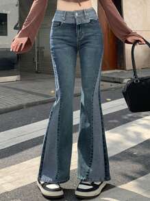 FRIFUL Women's Distressed Hem Pocket Flared Casual Denim Jeans