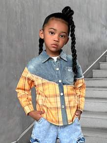 SHEIN Explorewe Young Girls Long Sleeve Plaid Patchwork Distressed Denim Loose Fit Pockets Button Down Casual Shirt - Multicolor - View 3