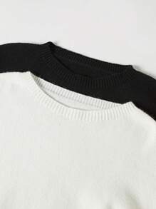 SHEIN Unity 女士休闲宽松不对称下摆圆领长袖纯色毛衣，秋冬 - 黑與白 - 查看 5