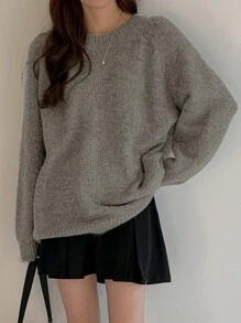 DAZY 女士纯色圆领插肩袖宽松休闲毛衣，适合秋冬季，秋季女装