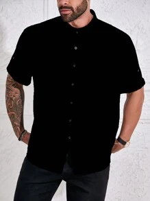 Manfinity Homme Camisa casual de verano para hombre de talla grande de unicolor con botones y mangas cortas