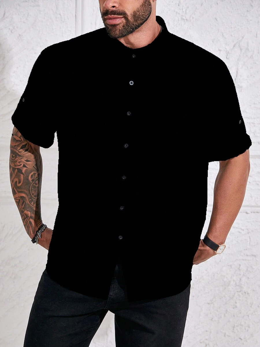 Manfinity Homme Camisa casual de verano para hombre de talla grande de unicolor con botones y mangas cortas