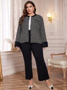 Lacomfia 大码纯色撞色贴片前扣休闲长袖夹克，优雅粗花呢外套，适合晚会/婚礼嘉宾/周年纪念