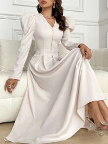 Modelyn Women's Elegant Solid Color Bishop Sleeve Dress, Spring & Autumn