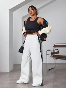 SHEIN EZwear 大码女式侧条纹系带宽腿宽松休闲牛仔裤 - 白色 - 查看 3