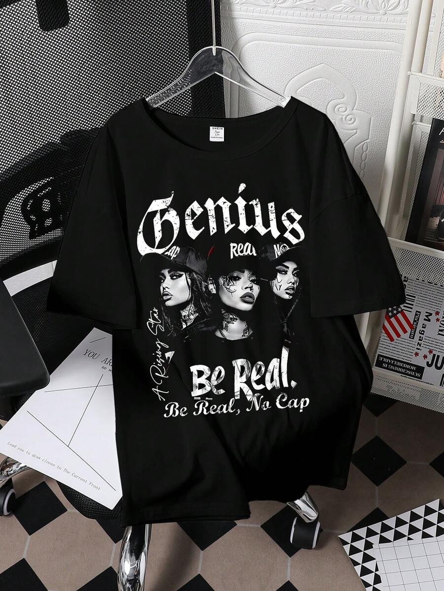 Teen Girls' Casual Graphic Letter Print Short Sleeve T-Shirt, Summer - Black - View 1