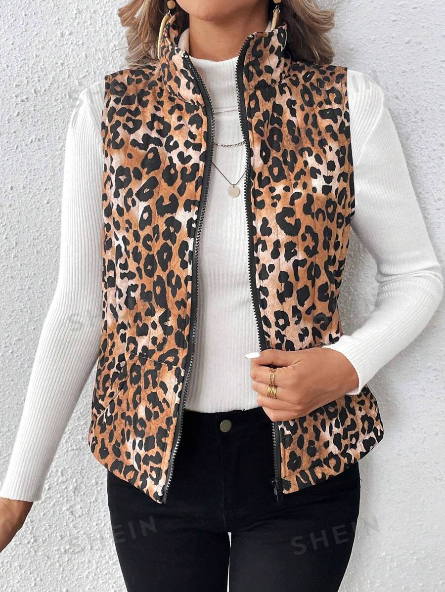 SHEIN VCAY Chaleco tipo jacket sin mangas con cierre de cremallera con estampado de print de leopardo