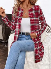 SHEIN Clasi Karierte Jacke in Mittellänge, für Frühling & Herbst - Bordeaux - Übersicht 6