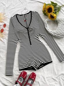 Soleia Contrast Color Striped Decorative Button Long Sleeve Romper For Women, Holiday Style - Black and White - View 1