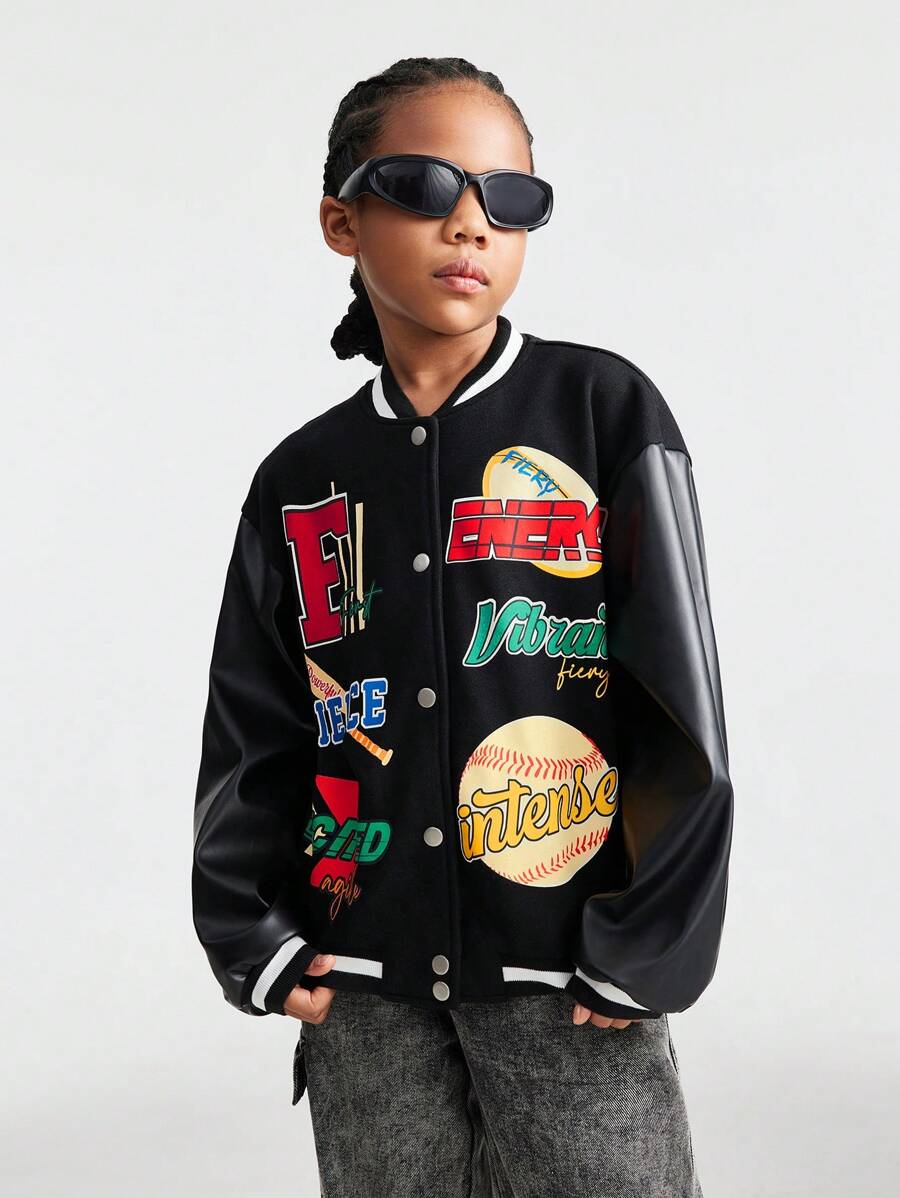 SHEIN Tween Girls Fall/Winter Y2k Back To School Preppy Sportswear Varsity Bomber Graphics Jacket For Halloween Football - Black - View 1