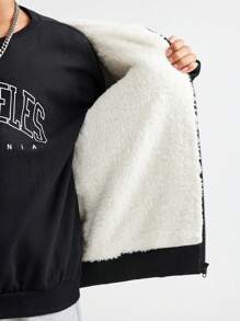 SHEIN Tween Girls Daily Wear Clothes Black Zip Up Hooded Bomber Jackets,Fall/Winter For Halloween Outfits - Black - View 2