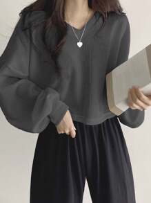 DAZY 女式纯色 V 领落肩长袖宽松休闲 T 恤，春秋装，秋季女装短款女式上衣