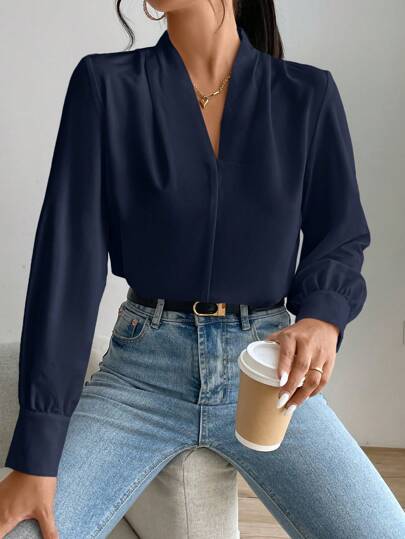 Firerie Women's Solid Color V-Neck Elegant Office Wear Long Sleeve Blouse,Long Sleeve Tops