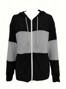 INAWLY Women's Solid Color Zippered Contrast Hoodie Jacket - Multicolor - View 4