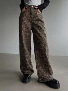 DAZY Quần Jeans Ống Thẳng Thường Ngày Họa Tiết Da Báo Cho Nữ Họa Tiết Da Báo - màu nâu - Xem 1