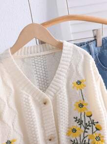 SHEIN Leap Crew Tween 女童休闲针织 V 领长袖刺绣开衫 - 杏色 - 查看 5