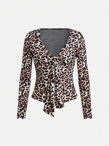 SHEIN Unity Women Leopard Print Twist Front Long Sleeve T-Shirt Cheetah Print Tees Women Tops For Spring - Multicolor - View 1