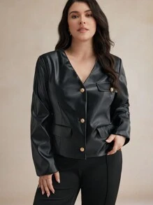 BizChic Chaqueta casual de manga larga con cuello en V, botones frontales y de piel de PU, talla grande - Negro - Ver 3