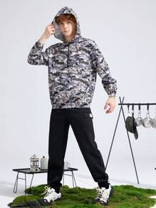 SHEIN 2 件青少年男孩户外休闲百搭舒适迷彩印花缝线半拉链夹克上衣和工装裤套装，秋冬 - 彩色 - 查看 5