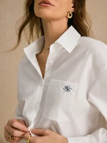 Poéselle Women's Casual Drop Shoulder Loose Pocket Shirt, Letter Embroidery, Basic Essential, Fall Winter Clothes, Effortless Chic Essential, FW24