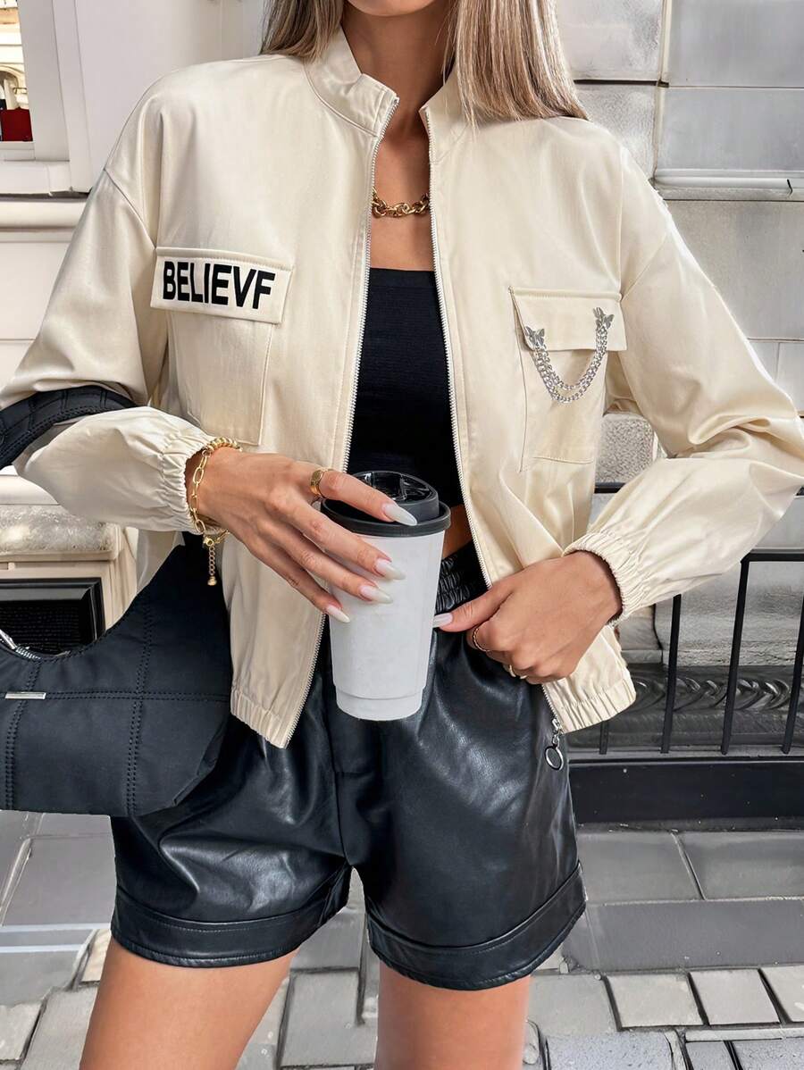 Chiquease 宽松百搭杏色拉链口袋蝴蝶装饰纽扣休闲夹克 - 杏色 - 查看 1