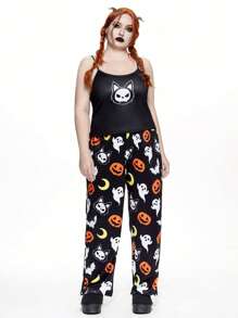 ROMWE 大码女式万圣节可爱黑猫、南瓜、幽灵、蝙蝠和月亮印花吊带背心和裤子睡衣睡衣套装 - 彩色 - 查看 3