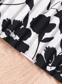 SHEIN Tween Girl Floral Print Round Neck Long Sleeve Ruched Hem Casual Dress - Black and White - View 5