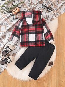 男婴格子印花连帽衫，正面有纽扣，做旧长裤休闲套装 - 紅色 - 查看 2