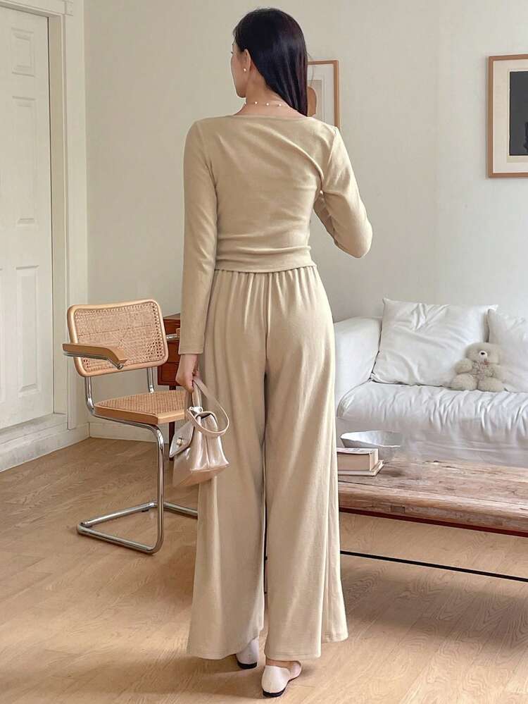 2pcs Women's Solid Color Long Sleeve T-Shirt And Wide-Leg Pants Casual Set