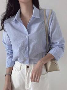 DAZY Camisa de manga larga a rayas de estilo casual para primavera y otoño, ropa de mujer para el otoño - Azul y blanco - Ver 4