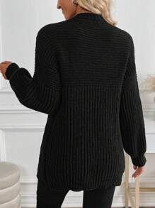 SHEIN PETITE Oversized Drop Shoulder Lantern Sleeve Solid Color Long Sleeve Knit Black Sweater Cardigan - Black - View 2