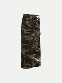 YOUNG BOY迷彩与树枝迷彩撞色拼接街头时尚大胆粗犷大口袋松紧腰牛仔裤，全年百搭潮流单品 - 彩色 - 查看 3