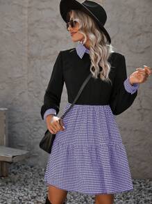 SHEIN Clasi 格纹印花荷叶边下摆长袖连衣裙 - 彩色 - 查看 6