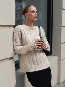 SHEIN Cottnline Women Cable Knit Pattern Round Neck Drop Shoulder Chunky Pullover - Beige - View 1