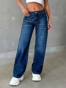 RueChic Low Waist Pocket Detailed Straight Jean - Dark Wash - View 4