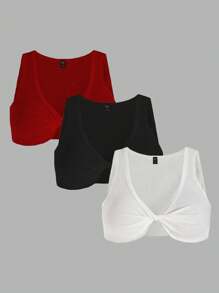 SHEIN Women Ribbed Twist Front Crop Top - Black - View 3