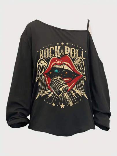 SHEIN LUNE Plus Size Casual Simple Red Lips Print Women's Spaghetti Strap T-Shirt Fall Clothes