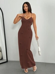Elenzga Vestido de camisa mujer con cuello en V, espalda descubierta y lazo de punto de flores 3D - Café integral - Ver 3