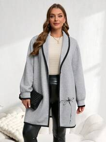 EMERY ROSE Abrigo sencillo y casual de punto con bloqueo de color, cierre con botones delanteros, mangas largas y estampado, talla grande