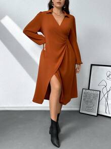 SHEIN Privé Vestido bajo cruzado de manga farol fruncido - Café integral - Ver 5