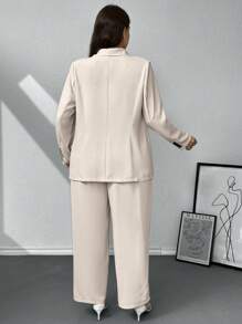 SHEIN Privé Plus Size 2-Piece Set: Elegant Casual Blazer Jacket & Straight Leg Pants, Apricot Color Women Workwear Suit - Apricot - View 2