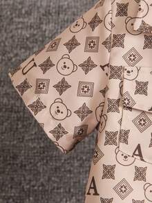 Camisa con estampado integral y shorts a juego con estampado integral, cuello cuadrado de moda básica retro para niños pequeños, apropiado para primavera y verano - Marrón - Ver 3